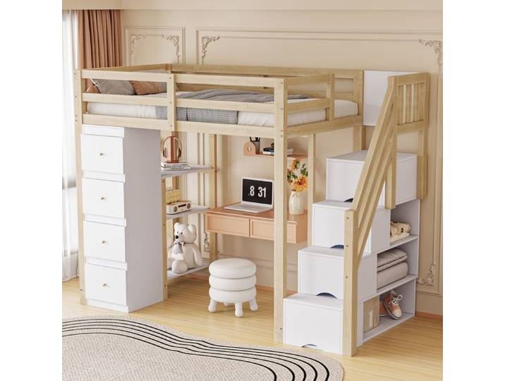 Lit enfant mezzanine 90x200 cm Bois d'origine - 1 place - Avec tiroirs - Contemporain