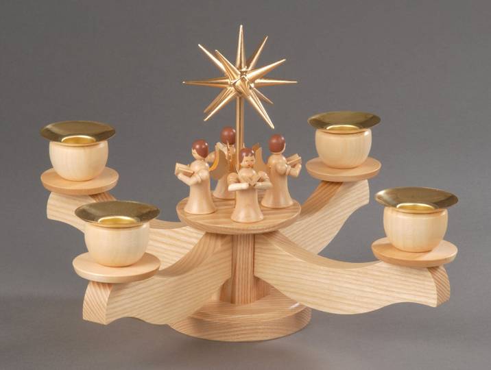 Adventsleuchter ALBIN PREISSLER mit Engelsfiguren, Handwerkskunst aus dem Erzgebirge , beige (natur), H:19cm Ø:22cm, Holzwerkstoff, Kerzenhalter, Adventsleuchter, Weihnachtsdeko aus Holz