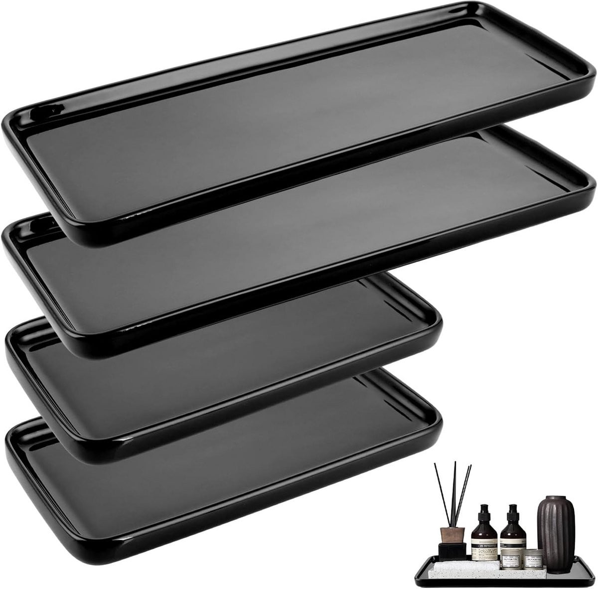 Set van 4 zwarte decoratieve keramische opbergtrays voor badkamer en keuken