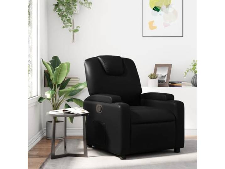 Relaxsessel mit manueller Liegefunktion, Kunstleder, Schwarz, 135 Grad Manuell verstellbar bis 135 Grad, Kunstlederbezug, 2 Getränkehalter, Seitentasche, Holz-Metall-Rahmen, 110 kg belastbar