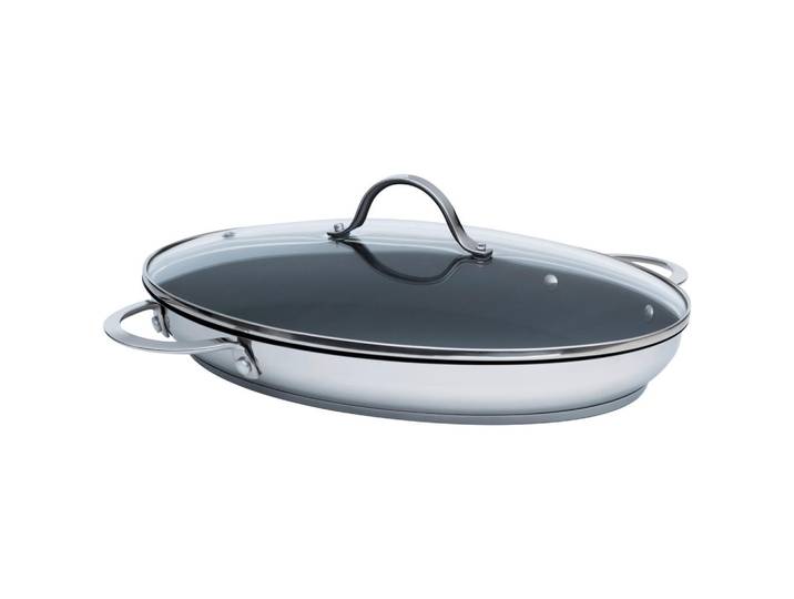 Riess Fischpfanne, Anthrazit, Silber, Metall, oval, 26x5x38.9 cm, backofengeeignet,backofengeeignet, antihaftbeschichtet, Deckel hitzebeständig, Thermoboden, Kochen, Pfannen, Bratpfannen