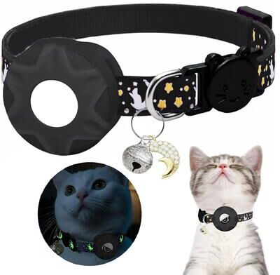 Inspired Finds Glow in the Dark AirTag Cat Collar With Moon Charm & Breakaway Safety Buckle black