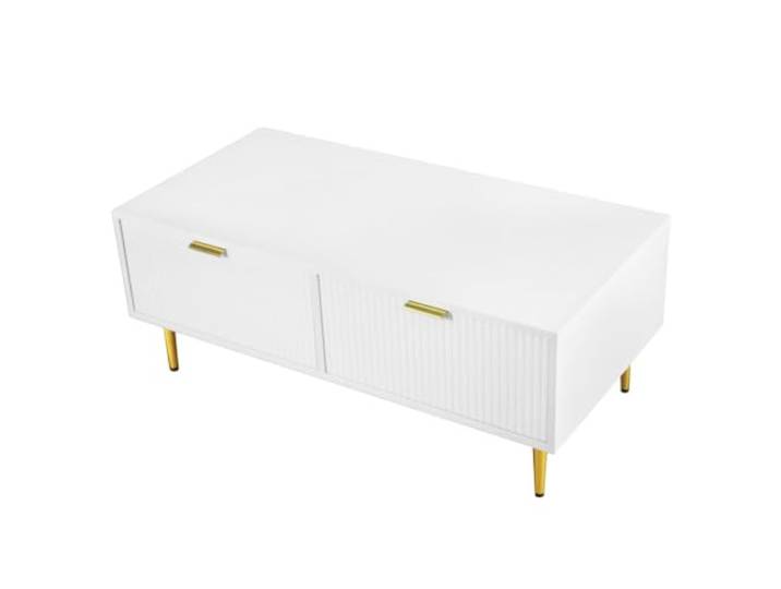 Couchtisch 100x50x40cm Weiß mit Schubladen MDF, 100x50x40cm, Weiß mit goldenen Akzenten, 2 Schubladen, inkl. Montageanleitung