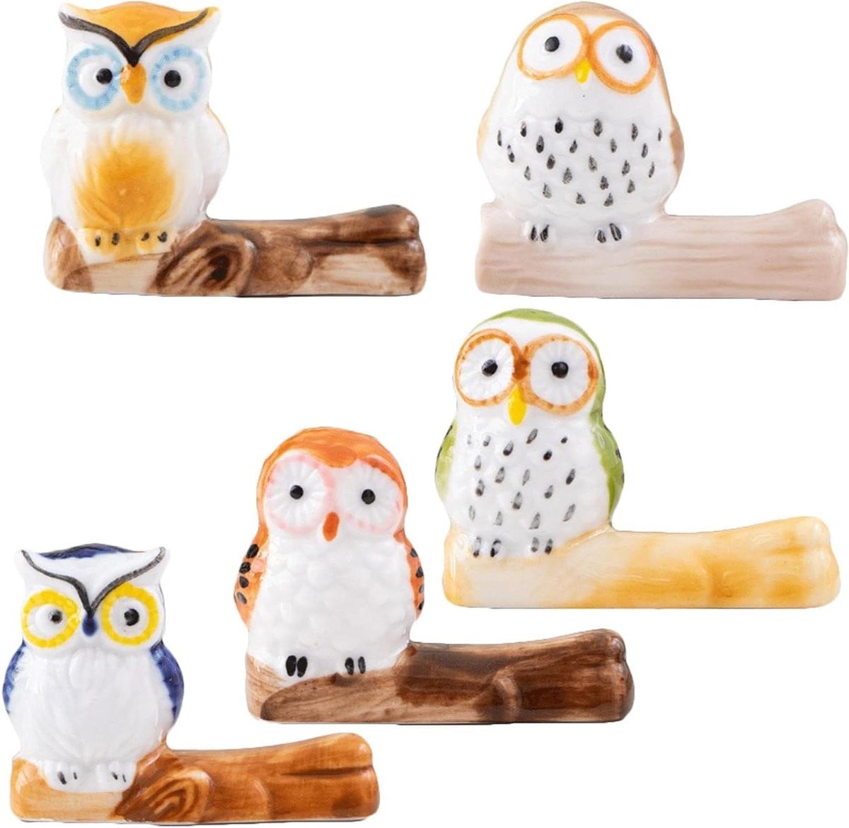 Set van 5 handgemaakte gekleurde keramische uil ornamenten voor tafeldecoratie