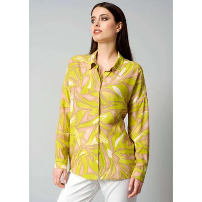Hemdbluse ALBA MODA "Druckbluse Druckbluse in grafischem Dessin", Damen, Gr. 48, beige (limette, beige), Obermaterial: 100% Viskose CV., Modern, V-Ausschnitt, Blusen Hemdbluse