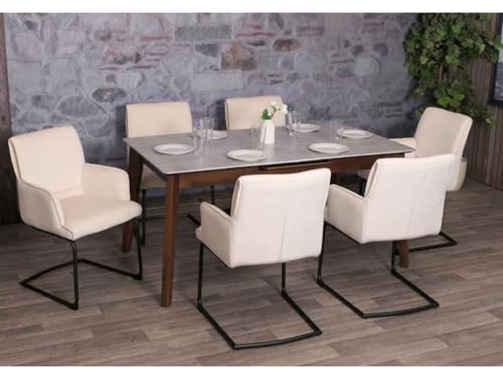 Mendler 6er-Set Freischwinger HWC-N60 Stoff/Textil - Creme-beige