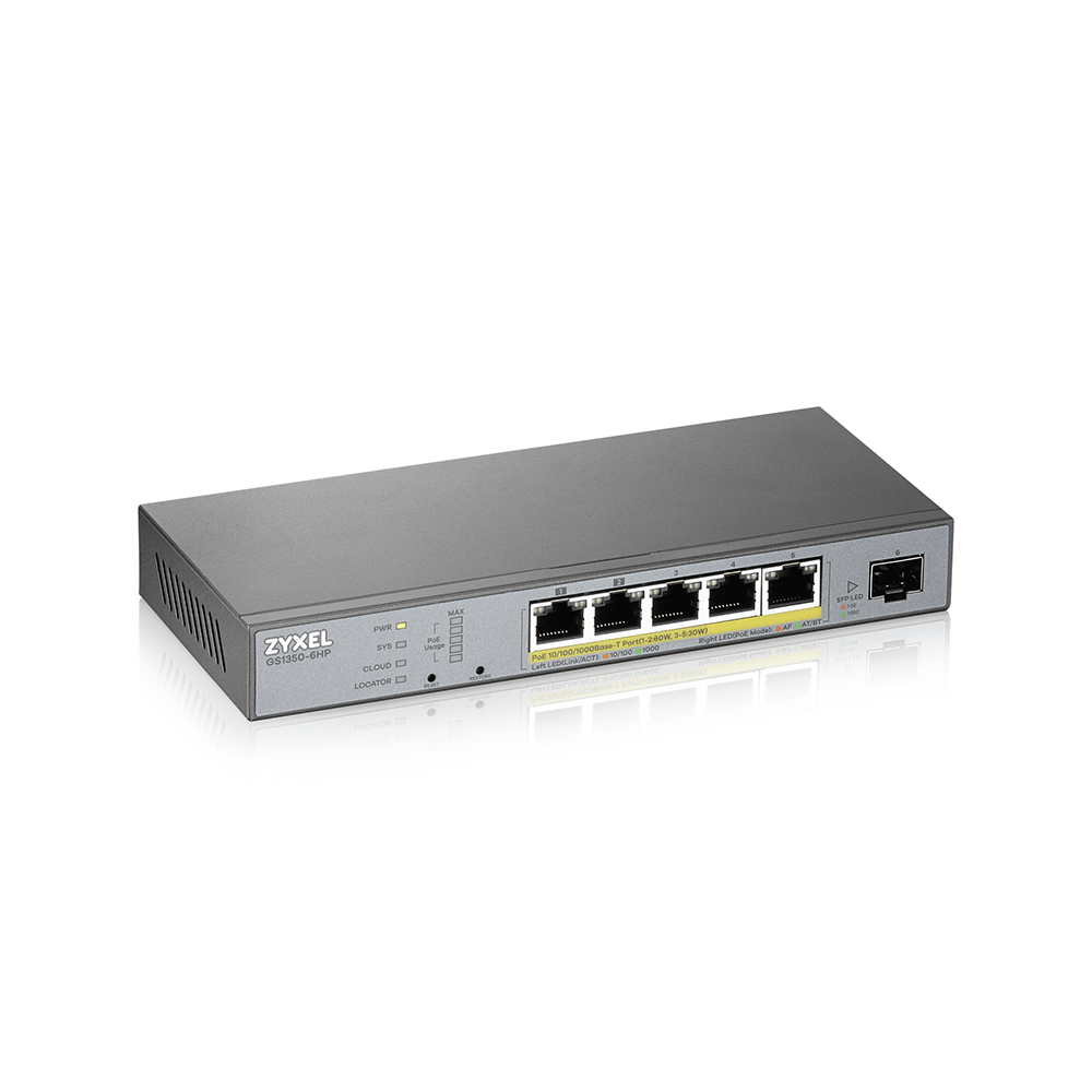 ZyXEL GS1350-6HP Gigabit Smart Switch, 5x RJ-45, 1x SFP, PoLRE/PoE++, lüfterlos GS1350-6HP-EU0101F