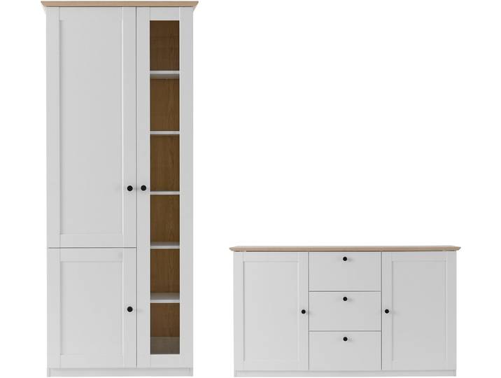 Wohnwand GOODPRODUCT Brest, Anbauwand im Landhausstil, Komplettset, Wohnzimmer-Set , weiss (weiß matt, eiche geölt dekor), B:342cm H:200cm T:43cm, Holzwerkstoff, Kastenmöbel-Sets, Wohnwand, enthält Vitrine + Sideboard