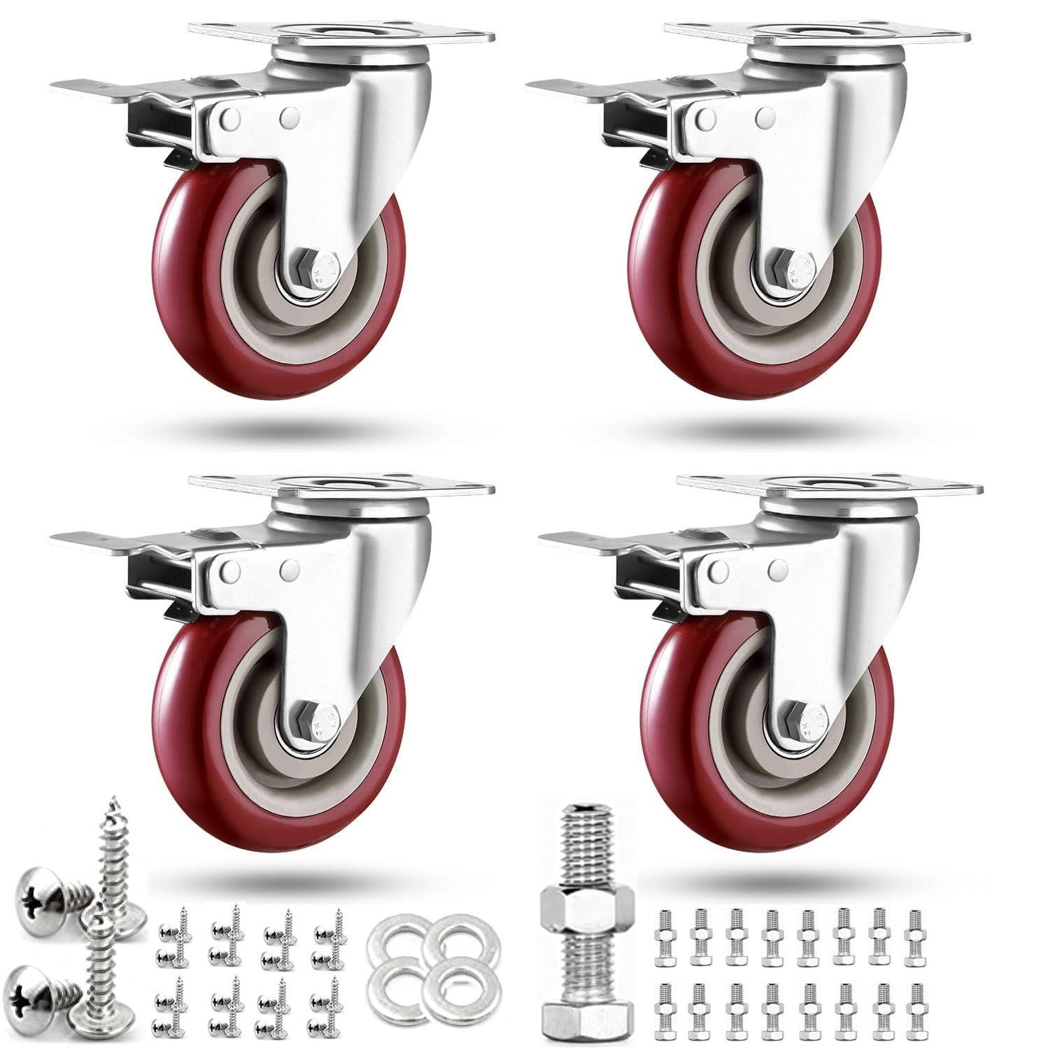 Zware Zwenkwielen 10 cm - Set van 4 stuks met rem voor meubels en werkbanken