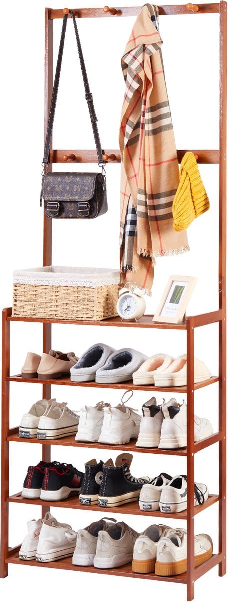 Novendo Goods Luxe houten kapstok met 5-laags schoenenrek en 8 haken van bamboe