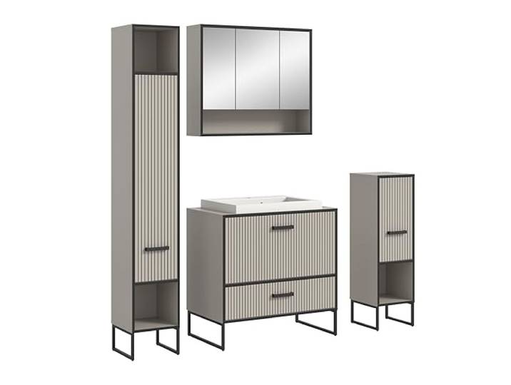xonox.home Badezimmer Bagno 4tlg. Kombination Badmöbel Set kleine Bäder Komplettprogramm Bademöbel-Set in Kaschmir beige Nb. Absetzung schwarz Nb.