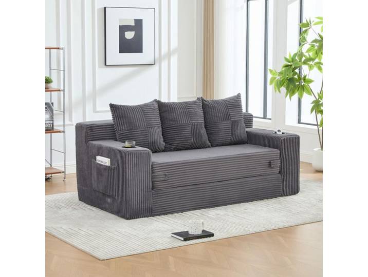 Modenuit Canapé modulable convertible 3 places en tissu côtelé gris avec porte-gobelets