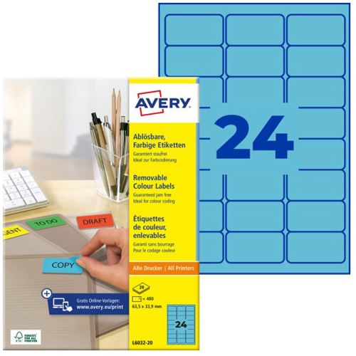 AVERY Zweckform Etiketten L6032-20 blau 63,5 x 33,9 mm, 20 Blatt
