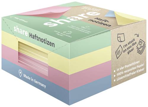 Share Etikettenblock Haftnotiz 4-0017 75mm x 75mm Pastell-Gelb, Pastell-Rosa, Pastell-Blau, Pastell-Grün 4St.