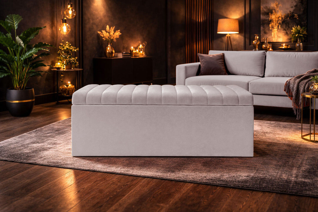AZ Interiors Royal Furniture Royal Velvet Storage Ottoman Box with Hinged Lid   Lined Upholstered End of Bed Storage Bench   Soft Close Storage Seat   Made in UK Silver 90W x 40D x 40H CM