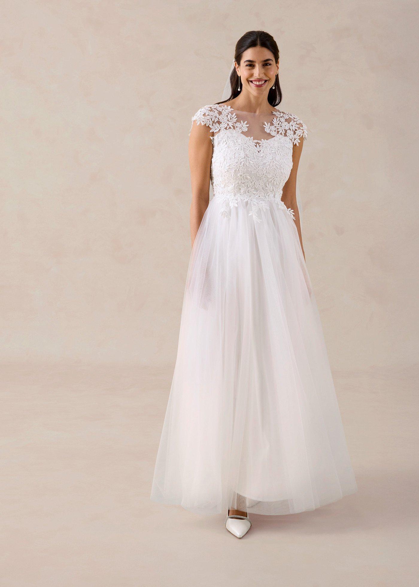 bonprix Brautkleid aus zartem Tüll mit Spitze, weiß, Gr.50, Romantisch und feminin: Brautkleid aus zartem Tüll mit Spitze im Oberteil und Mini-Ärmel