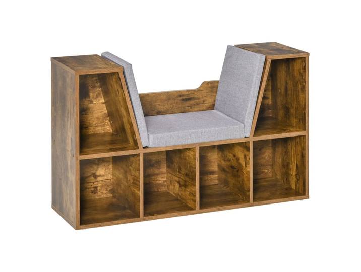 Bibliothèque banc 6 casiers coussins panneaux de particules marron