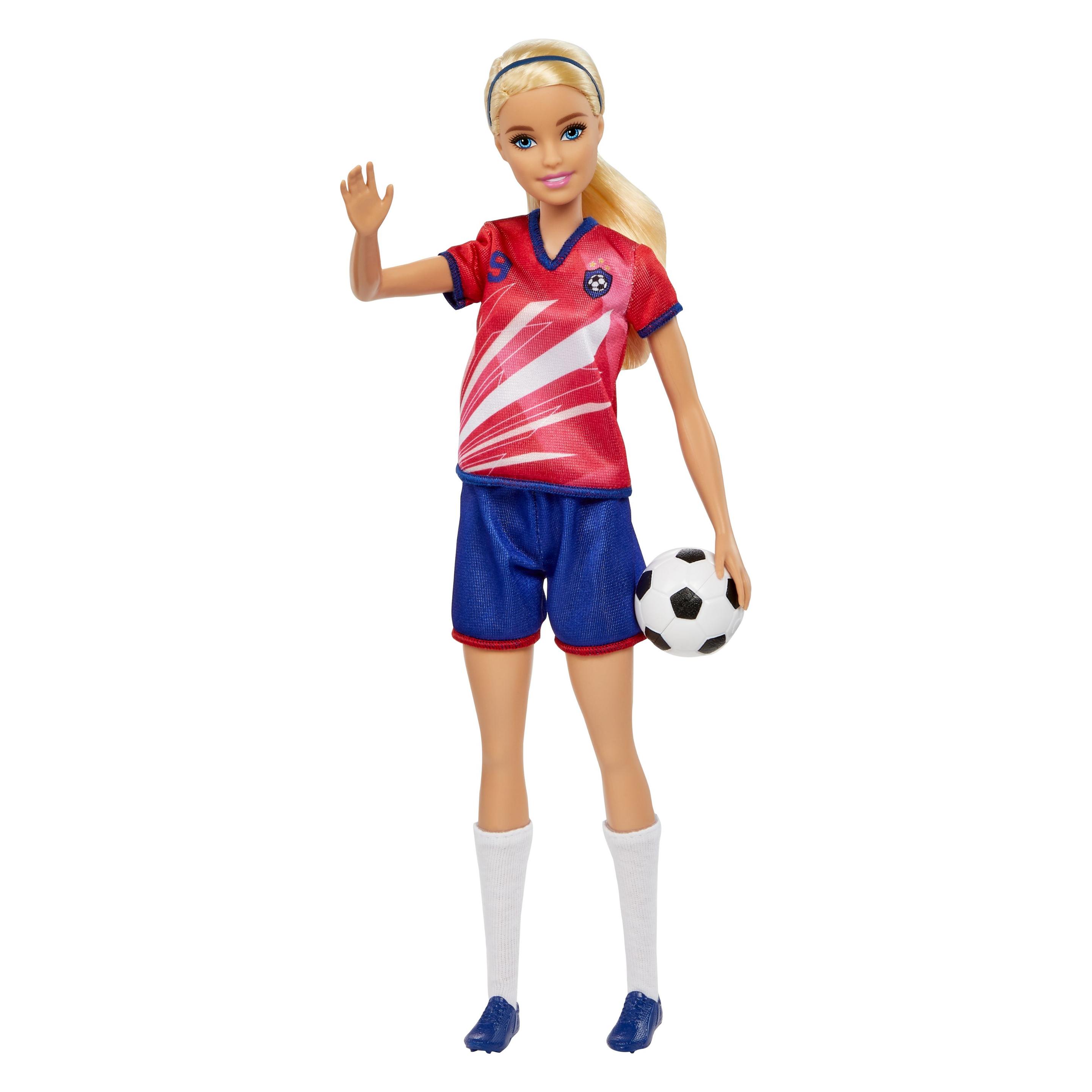 Barbie Fussballerpuppe, blond, Trikot mit Nummer 9, Fussball, Stollenschuhe, Socken, für Kinder (HCN17)