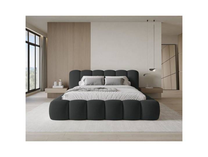 Chilly. Design Lit Stone 180 x 200 - Lit Coffre Rembourré - 2 Personnes - Revêtement Élégant Tissu Bouclé Noir