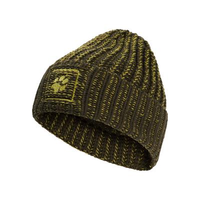 Beanie JACK WOLFSKIN "BADGE PAW BEANIE", Damen, Gr. onesize, grün (obsidianmoss), Polyacryl, Mützen Beanie, Strickbeanie, warm, weich