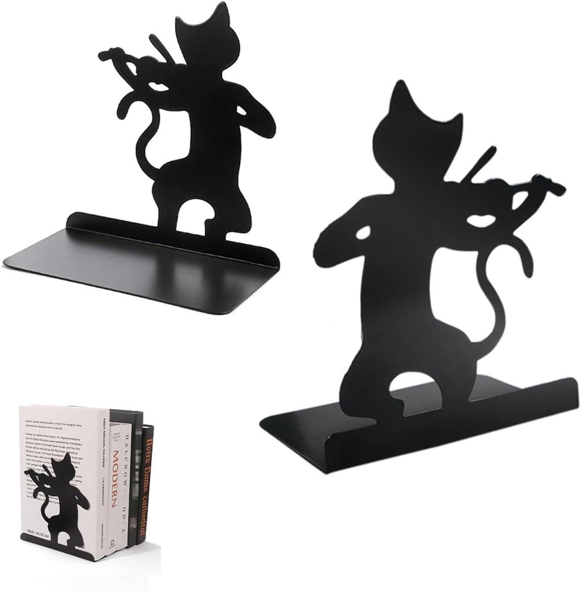 Boekensteunen Kat - Zwarte Metalen Boekensteunen met Antislip Onderkant - Hoogte: 16 cm