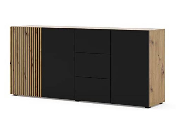 BIM Furniture Kommode AURIS – Sideboard 42x180x82 cm mit 3 Türen 3 Schubladen zum Wohnzimmer, Moderne Anrichte, Eichenholz Optik – Schwarz/Artisan Eiche