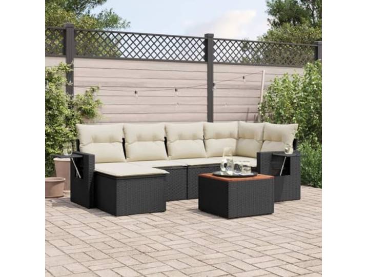 POUFGDR Gartenmöbel, 7-teilig, Schwarz, Kunstharz, gewebt, mit Kissen Klappbarer Beistelltisch, Akazienholzplatte, abnehmbare und waschbare Bezüge, modulares Design