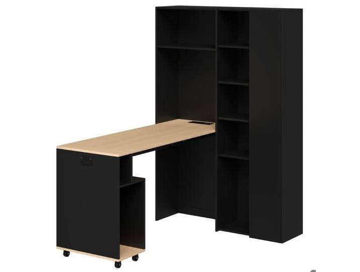 Bureau secrétaire pliant 2-en-1 avec étagères prise EU et ports USB noir et chêne angle droit