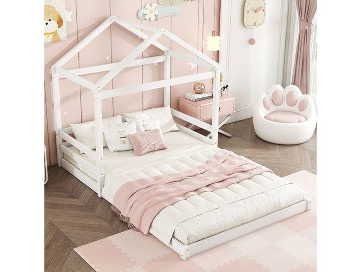 Lit Cabane Enfant - MERAX - 140x200 - Bois Massif Blanc - Style Minimaliste - Autonomie Montessori