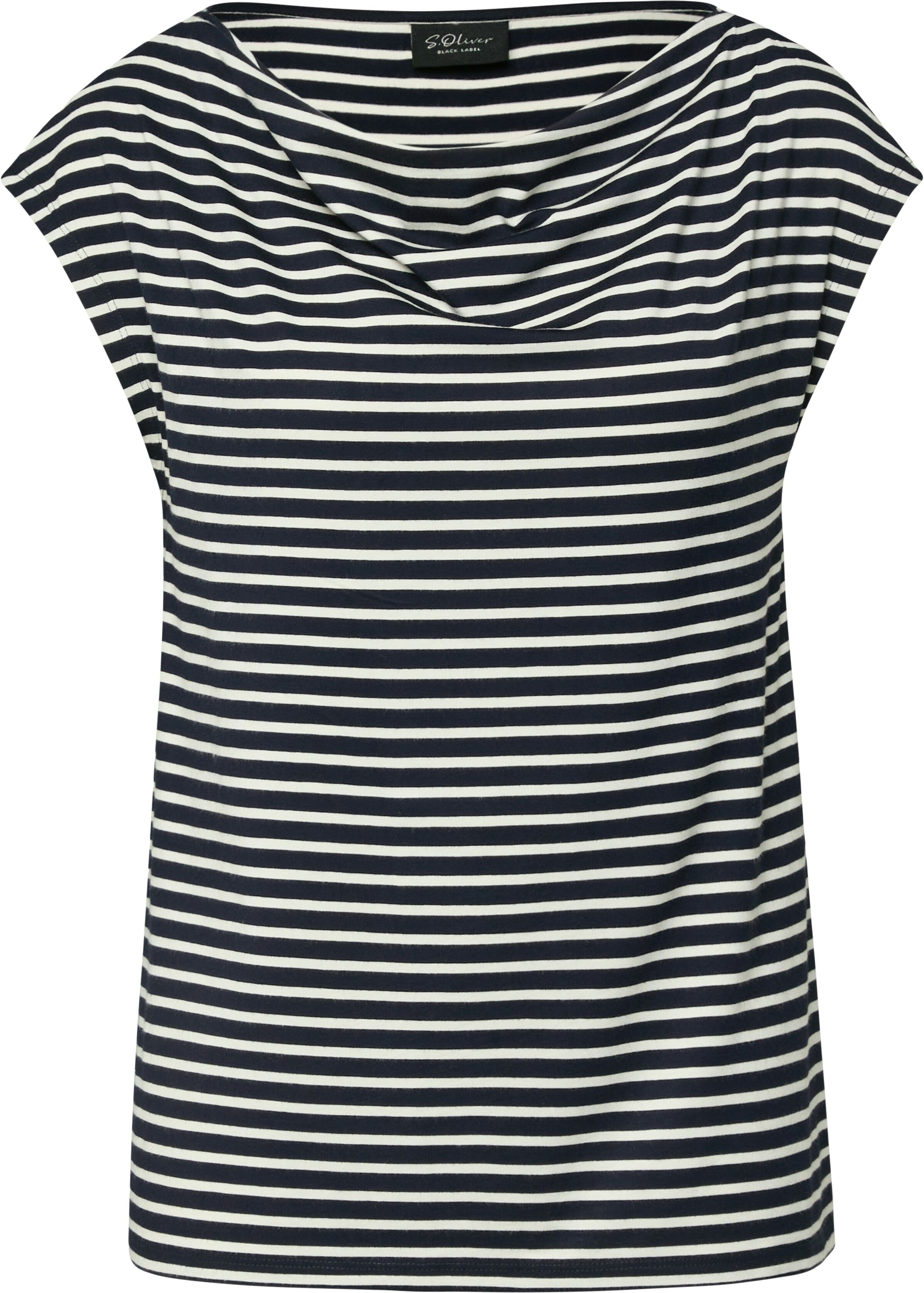 T-Shirt S.OLIVER BLACK LABEL, Damen, Gr. 46, schwarz-weiss (navy stripe), Jersey, Obermaterial: 95% Baumwolle, 5% Elasthan, gestreift, normal hüftbedeckend, Wasserfallausschnitt, Shirts T-Shirt, mit Wasserfallausschnitt und Streifen-Design navy stripe 46