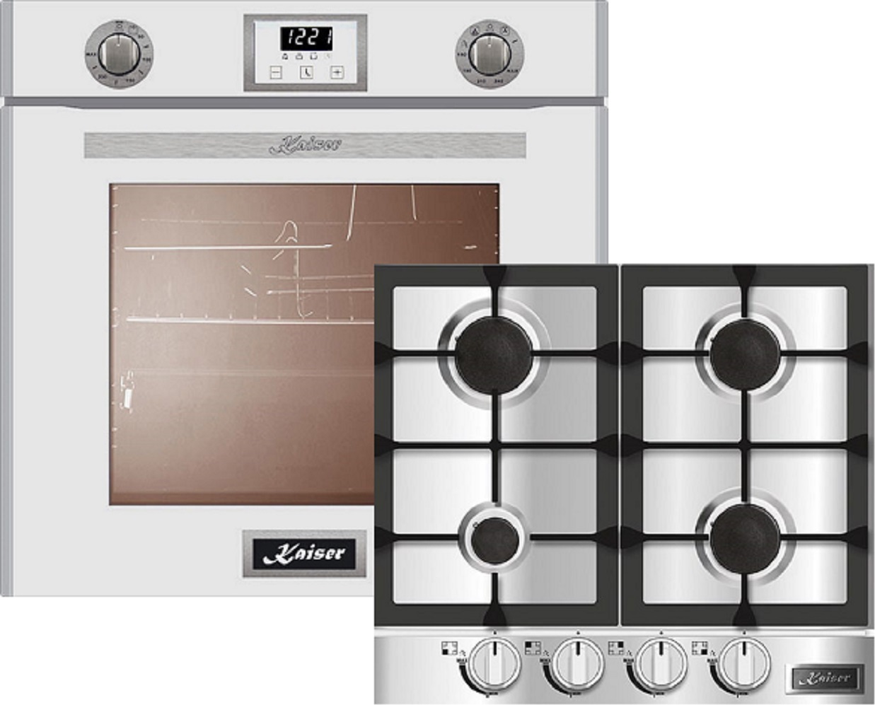 Kaiser Küchengeräte Gasherd-Set EG 6374 W + KG 6357, Einbau-Backofen 60cm in Weiß/Gas Backofen/Gas-Kochfeld 60 cm/Autark/Drehspieß/Grill/Heißluft/Selbstreinigung/Erdgas/Propangas