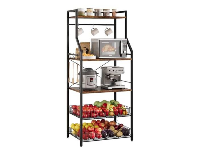 LuxFocus Küchenregal 5 Ebenen mit Mikrowellenhalter Holzplatten Körben Stabiles Metallregal mit 2 Holzplatten, Drahtkörben und Haken für Küche, Kaffeebar und Haushaltsgeräte, Braun