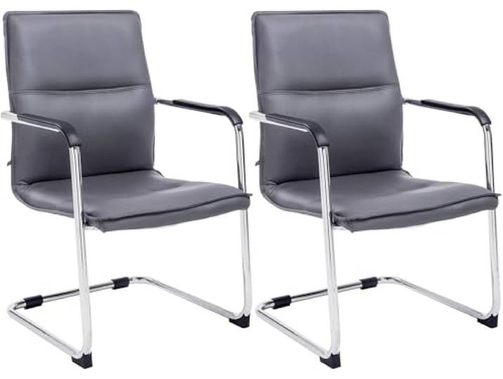 CLP Freischwinger Stühle 2er Set mit Armlehnen Seattle, Moderne Esszimmerstühle gepolstert mit Kunstlederbezügen, Gestelle in Chromoptik Farbe grau
