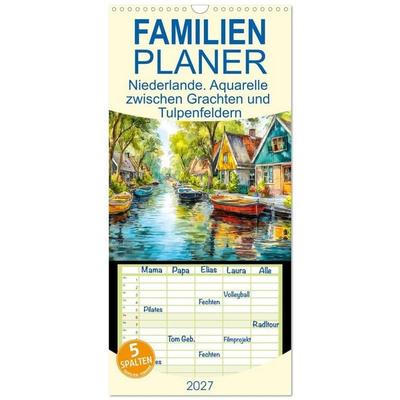 Familienplaner 2027 - Niederlande. Aquarelle zwischen Grachten und Tulpenfeldern mit 5 Spalten (Wandkalender, 21 x 45 cm) CALVENDO