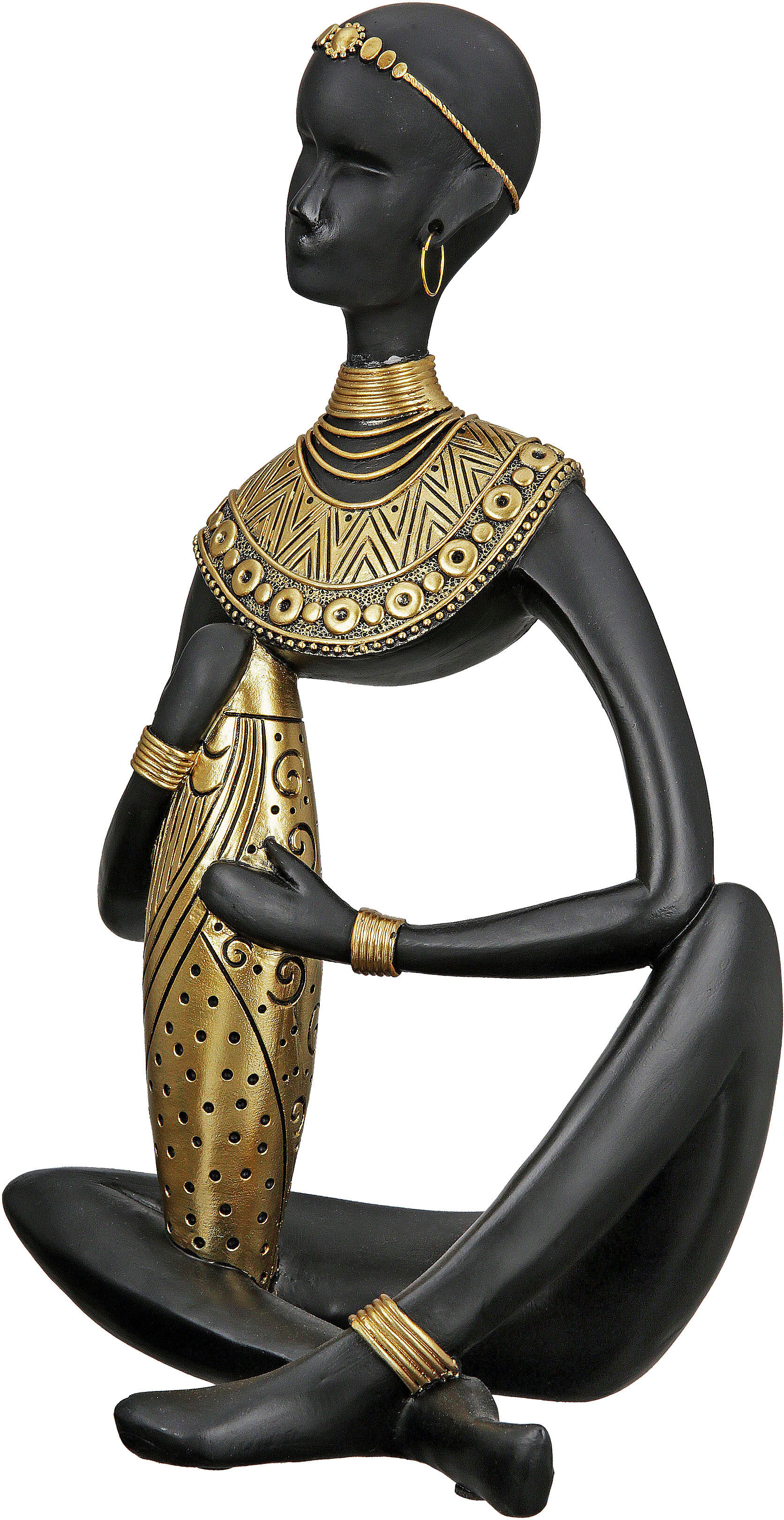 Afrikafigur GILDE "Figur Amari", schwarz (goldfarben, schwarz), B:19cm H:32,5cm T:15cm, Kunstharz, Dekofiguren, Afrikafigur, Orientalisches Design in Schwarz-Gold, Skulptur goldfarben, schwarz B/H/T: 19cm x 32,5cm x 15cm