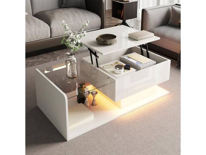 Merax Couchtisch Hochglanz Weiß, Höhenverstellbarer Wohnzimmertisch mit LED Beleuchtung, Couchtisch mit Glasplatte und Stauraum, Moderner Sofatisch Beistelltisch für Wohnzimmer