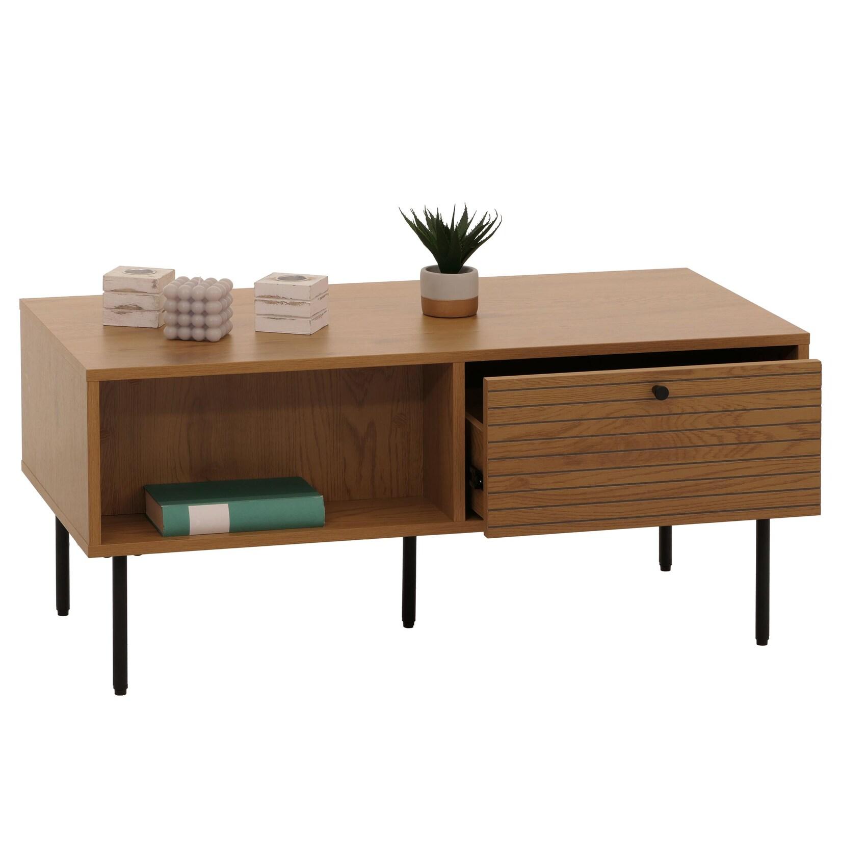 Couchtisch MCW-N78, Wohnzimmertisch Sofatisch, skandinavischer Stil Metall Holz Melamin MVG 45x100x50cm ~ natur