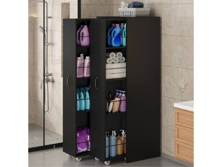 Modenuit bibliothèque extensible sur roulettes en MDF noir 2 modules indépendants 8 étagères