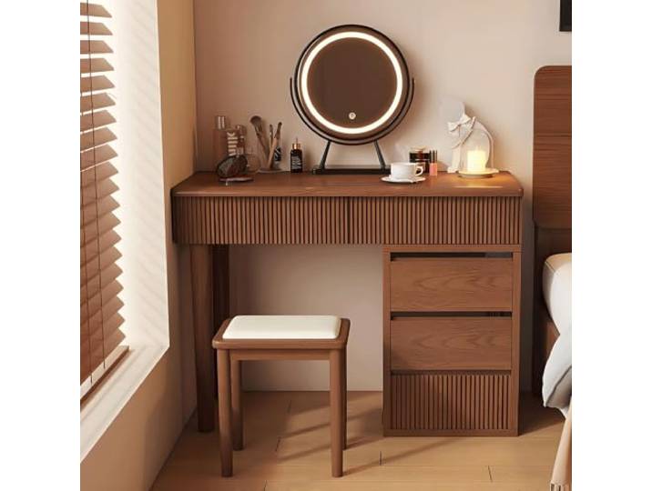 Schminktisch aus Massivholz mit Schubladen Vintage-Waschtischset, ideal for die Aufbewahrung im Schlafzimmer oder Arbeitszimmer(Walnut,Large)