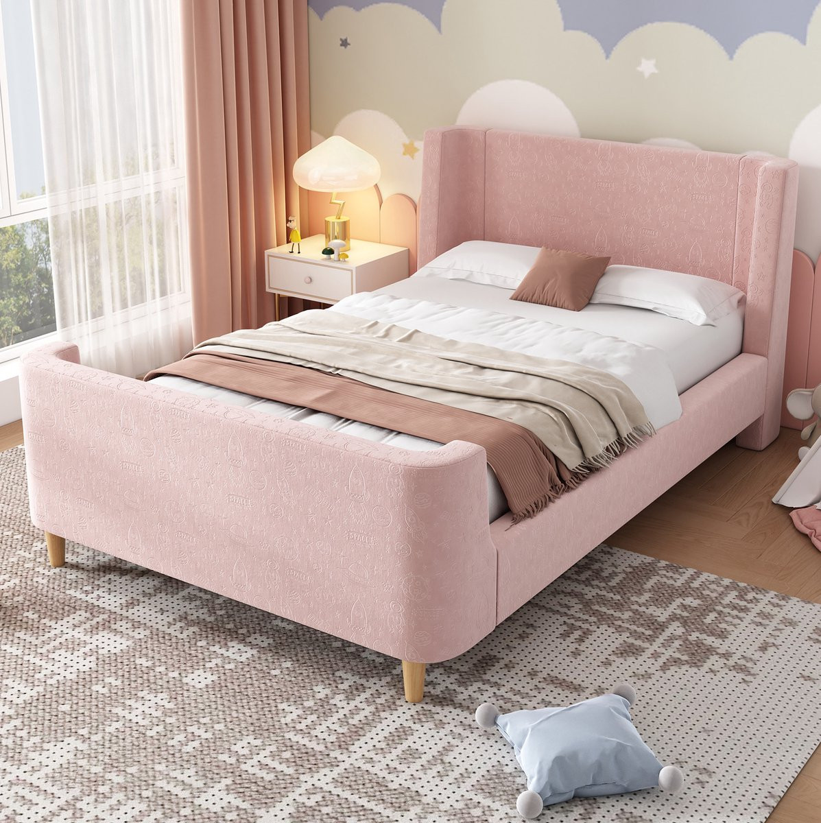 MIVRAY Kinderbed met Kosmisch Patroon, Gestoffeerd Fluweel, Roze, 90x200 cm