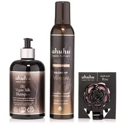 ahuhu Vegan Silk Shampoo 500ml & Volume Mousse 300ml & Hairclip