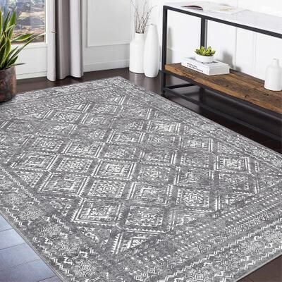 Garvee Washable Vintage Geometric Block Distressed Area Rug