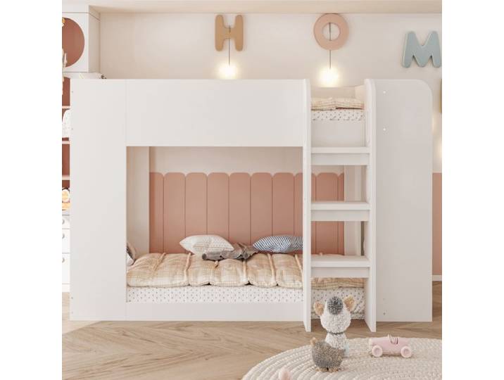 Lit superposé enfant 90x200cm avec échelle de sécurité compartiment de rangement à double étages et sous-lit personnalisable Blanc
