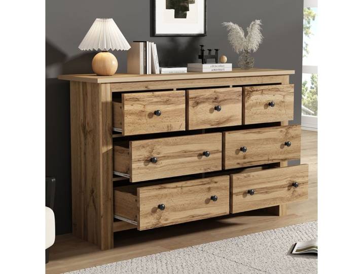 Buffet bas 152 cm décor bois avec 7 tiroirs rangement en panneaux de particules