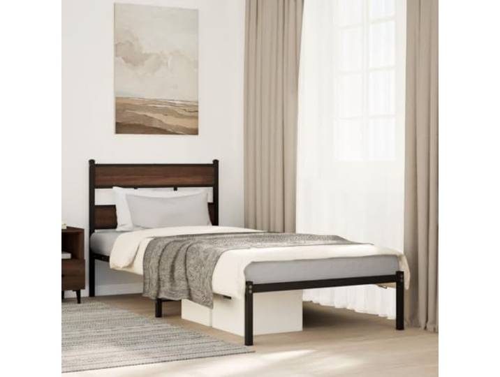 Stahl Metallkonstruktion Stabil Schlafzimmer Klassisch 90x190 cm Braun Bettgestell ohne Matratze mit Kopfteil Braun Eiche 90x190 cm Metall Lattenrost Stabil Stauraum