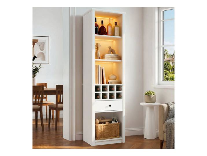 Fine Life Pro Standvitrine Weißer Vitrinenschrank mit LED, 12 Fächern & 1 Schublade, 200 cm. Für Bücher, Wein & Sammlerstücke – ideal für Wohnzimmer & Büro.