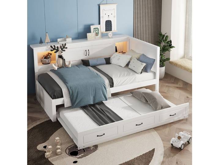 Lit banquette blanc avec éclairage LED lit gigogne et rangement latéral
