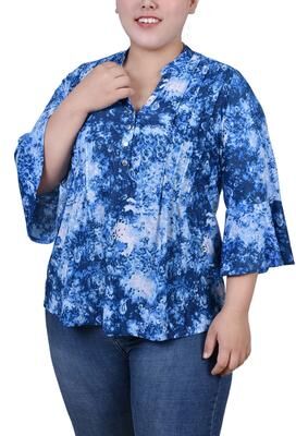 NY COLLECTION 3/4 Bell Sleeve Pleat Front Y Neck Top