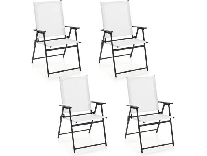 GOPLUS 4 Chaises de Jardin en Textilène avec Cadre Métallique Chaise Pliante avec Dossier Haut-Accoudoirs Chaise de Camping Blanc