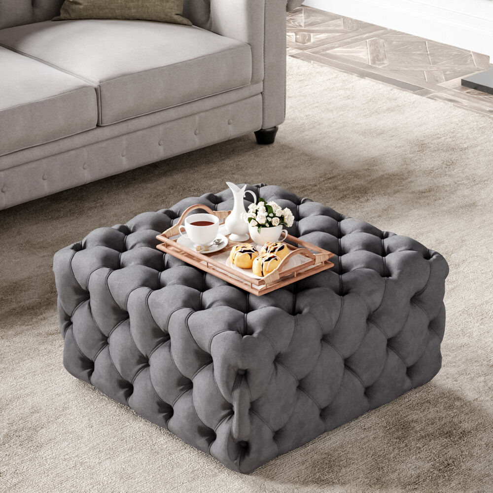 Etta Avenue Coby 70cm Wide Velvet Tufted Square Solid Colour Cocktail Ottoman Grey 40cm H X 70cm W X 70cm D